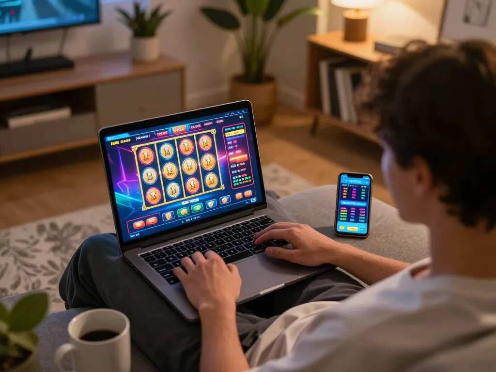 Engaging online gaming experience with Jun 88 on a laptop, cozy home atmosphere during play
