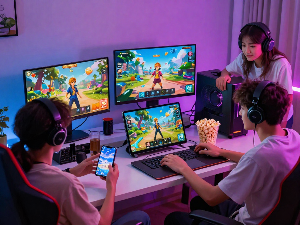 Play free porn games online in a lively gaming scene with engaging characters and vibrant devices.