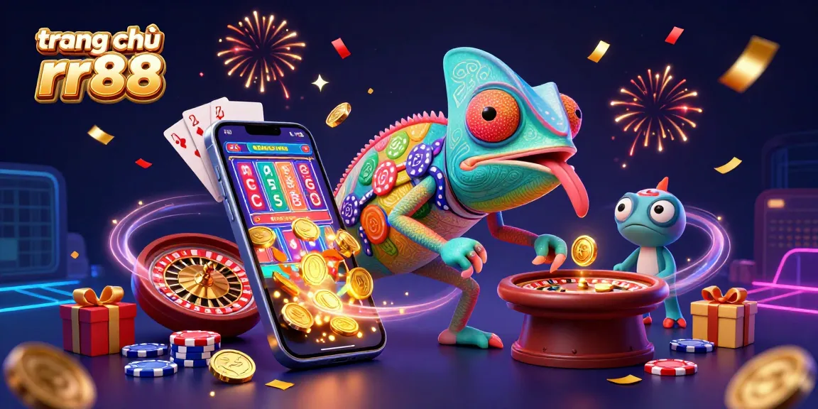 Join the fun at trang chủ rr88 with vibrant casino elements and an energetic chameleon host, ready for winning action.