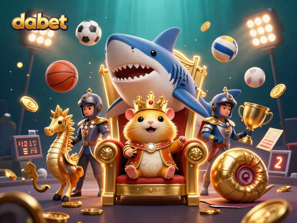 dabet engages players with a golden hamster king surrounded by dynamic casino elements and sports betting excitement.