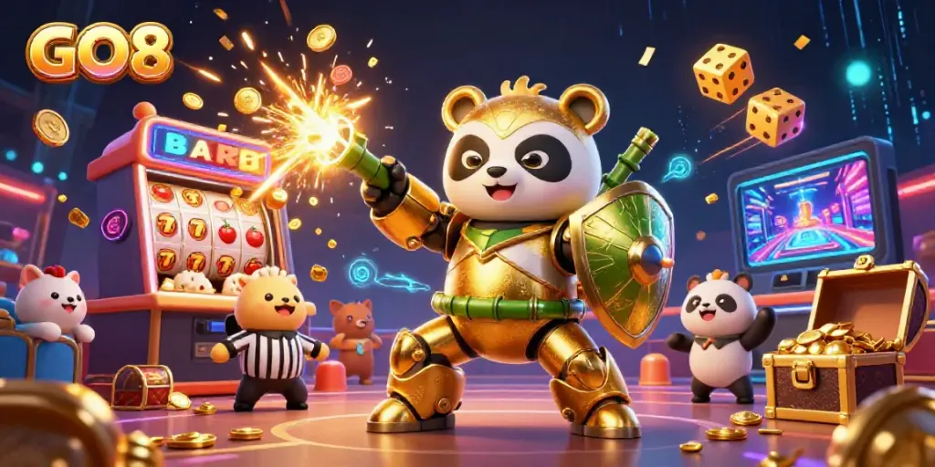 Experience the GO8 winnings with a lively scene of a golden panda in a casino setting.
