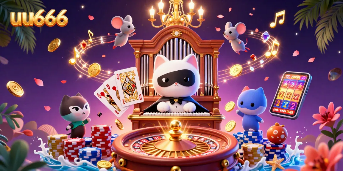 uu666 players winning big at an exciting casino featuring slots, poker chips, and thrilling characters.