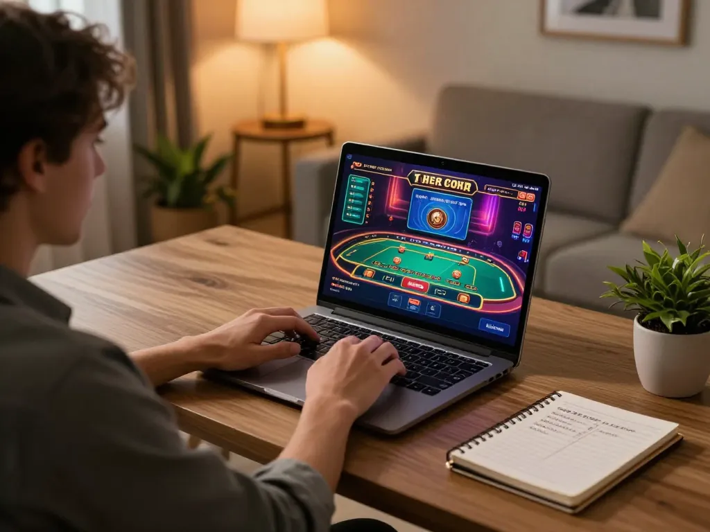 Player engaging in live dealer games on Shbet's platform in a stylish home office.