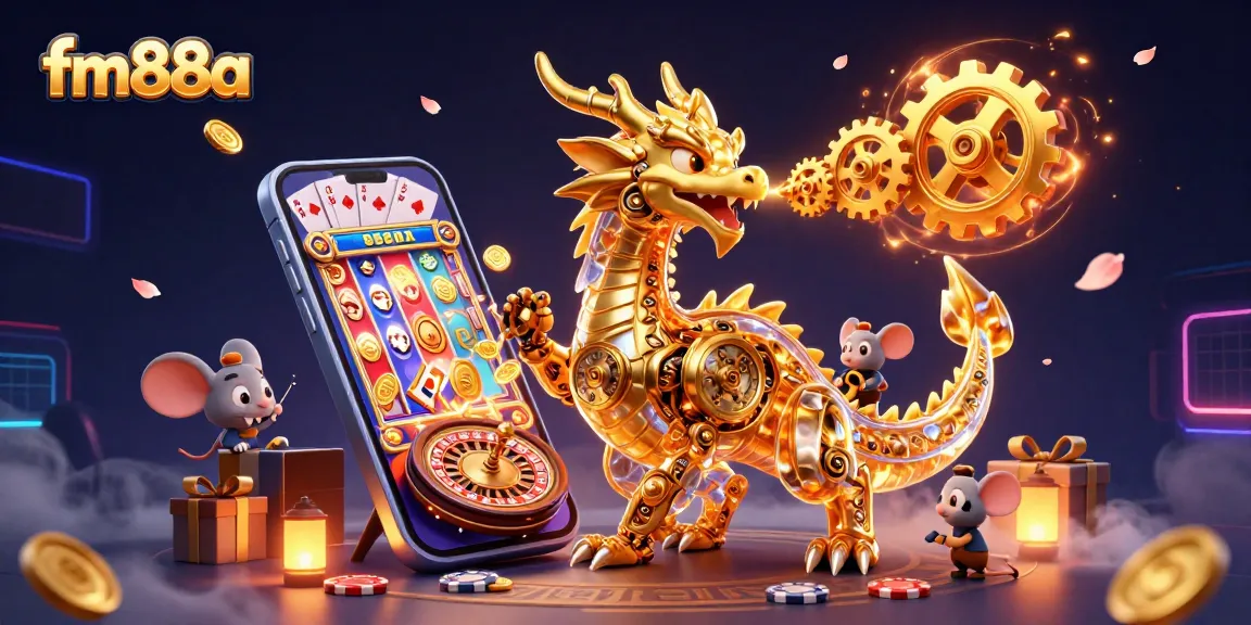Experience the thrilling world of fm88a with a golden dragon and gaming elements in a captivating 3D scene.