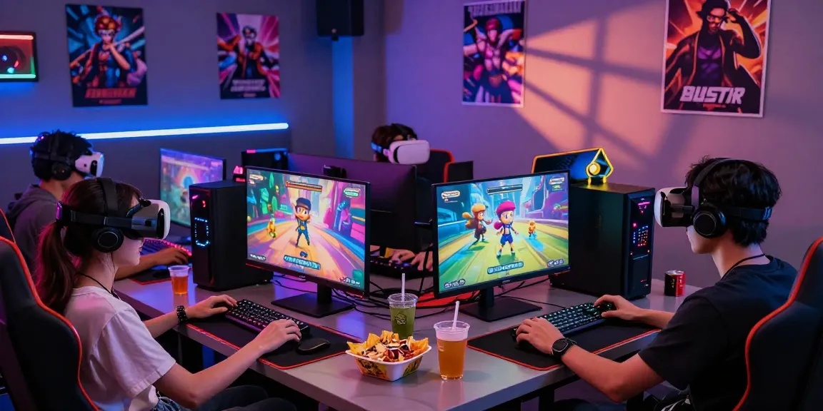 Group of friends playing hentaigame in a vibrant gaming lounge, showcasing colorful displays and modern atmosphere.
