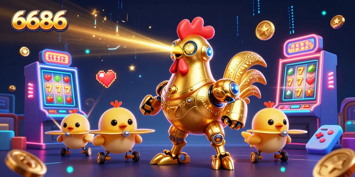 Engage with the thrilling 6686 slots experience featuring golden rooster robot and drones amidst vibrant arcade gaming elements.