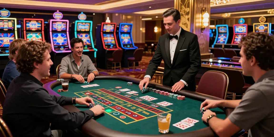 Exciting casino gaming scene representing da88m7.com with players at a roulette table, colorful slot machines, and vibrant atmosphere.