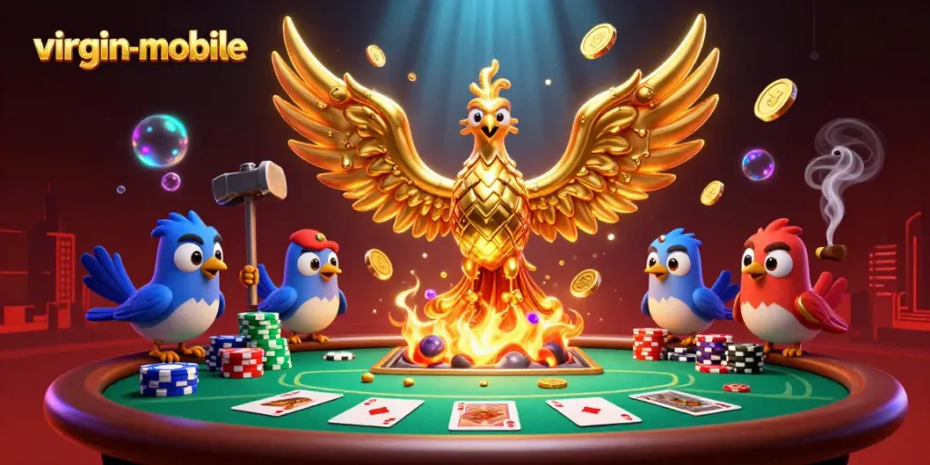 Experience the thrilling action of gambling at virgin-mobile with a majestic golden phoenix and poker elements.