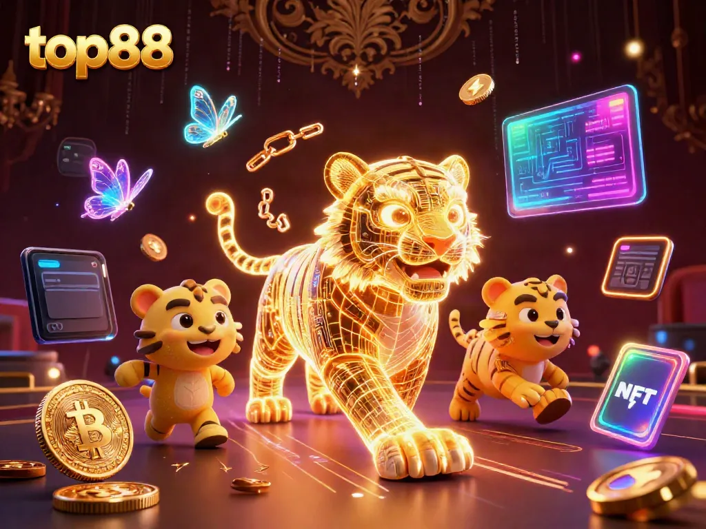 Experience thrilling gaming with top88's neon-lit casino world, featuring a golden tiger and crypto symbols.