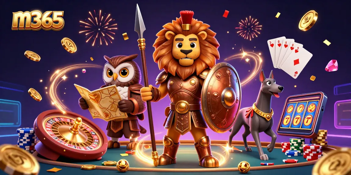 Experience thrilling m365 casino action with a Spartan lion, owl strategist, and greyhound amidst dazzling gold coins and vibrant gaming elements.