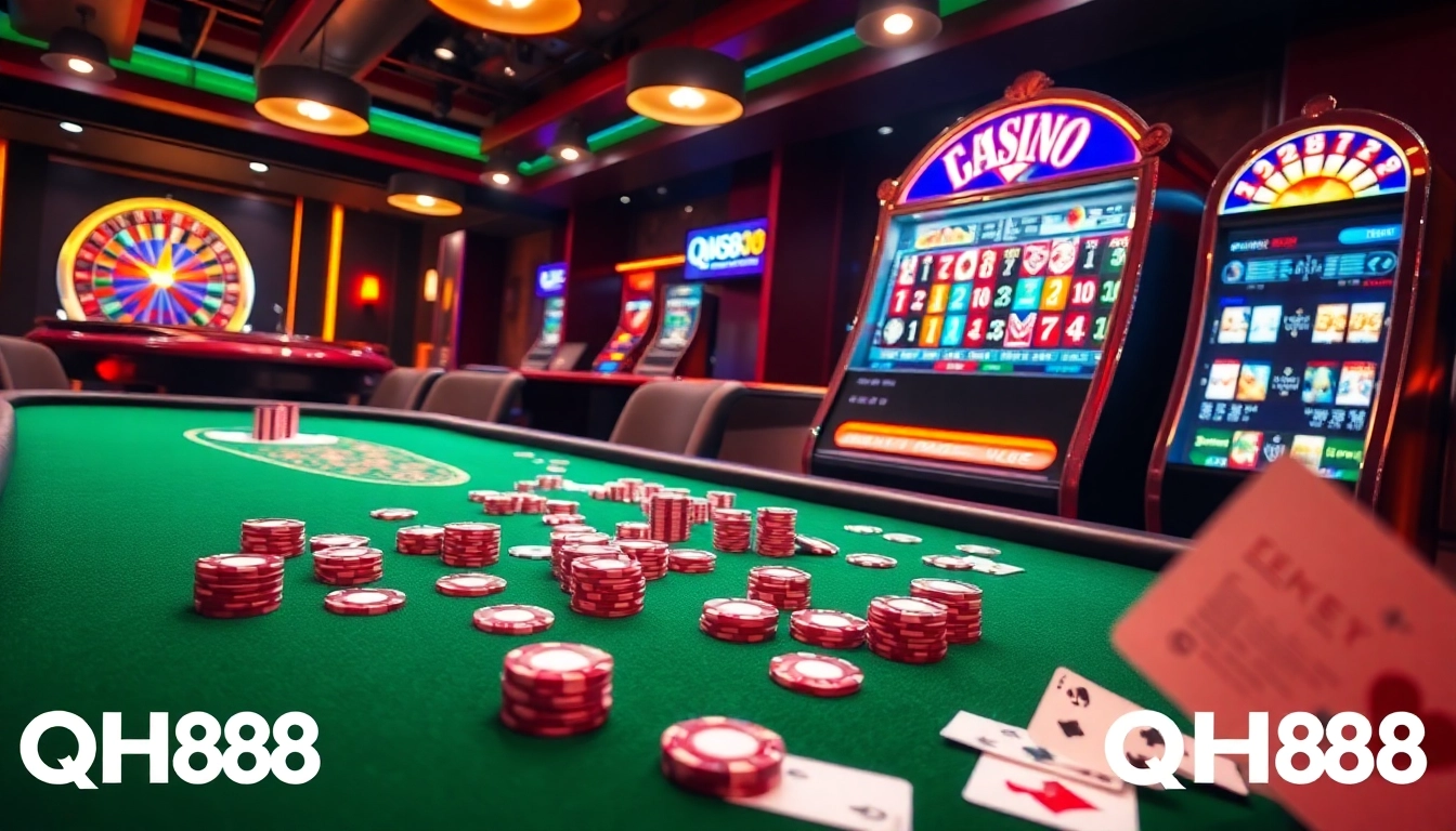 Exciting gambling at QH88 with vibrant poker chips and roulette wheels.