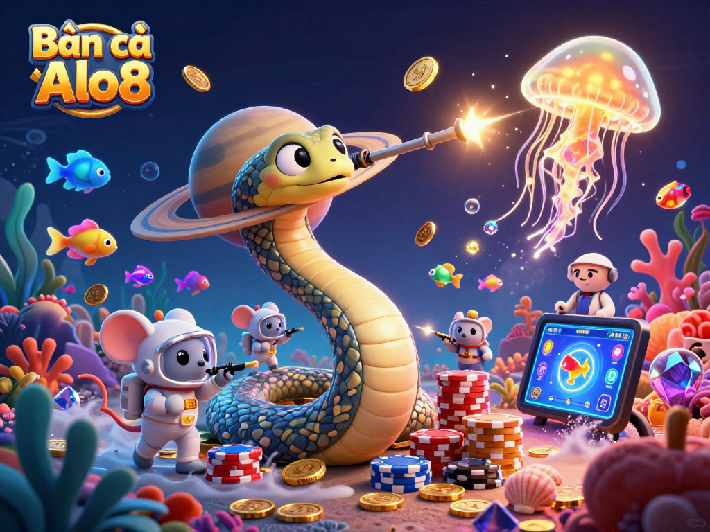 Bắn cá Alo8 depicts a vibrant underwater fish shooting scene featuring a Saturn ring snake, astronaut mice, and a golden jellyfish in an exciting gaming atmosphere.