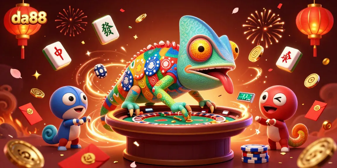 Engage with da88's vibrant casino atmosphere showcased in an ultra-detailed 3D illustration featuring a colorful chameleon owner.