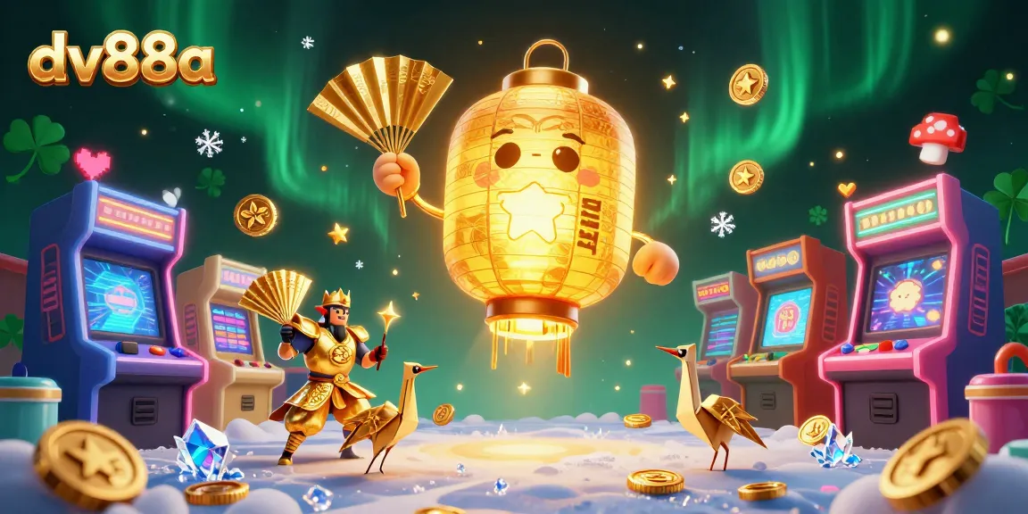 Win big with dv88a's vibrant casino scene featuring golden lanterns and arcade elements.