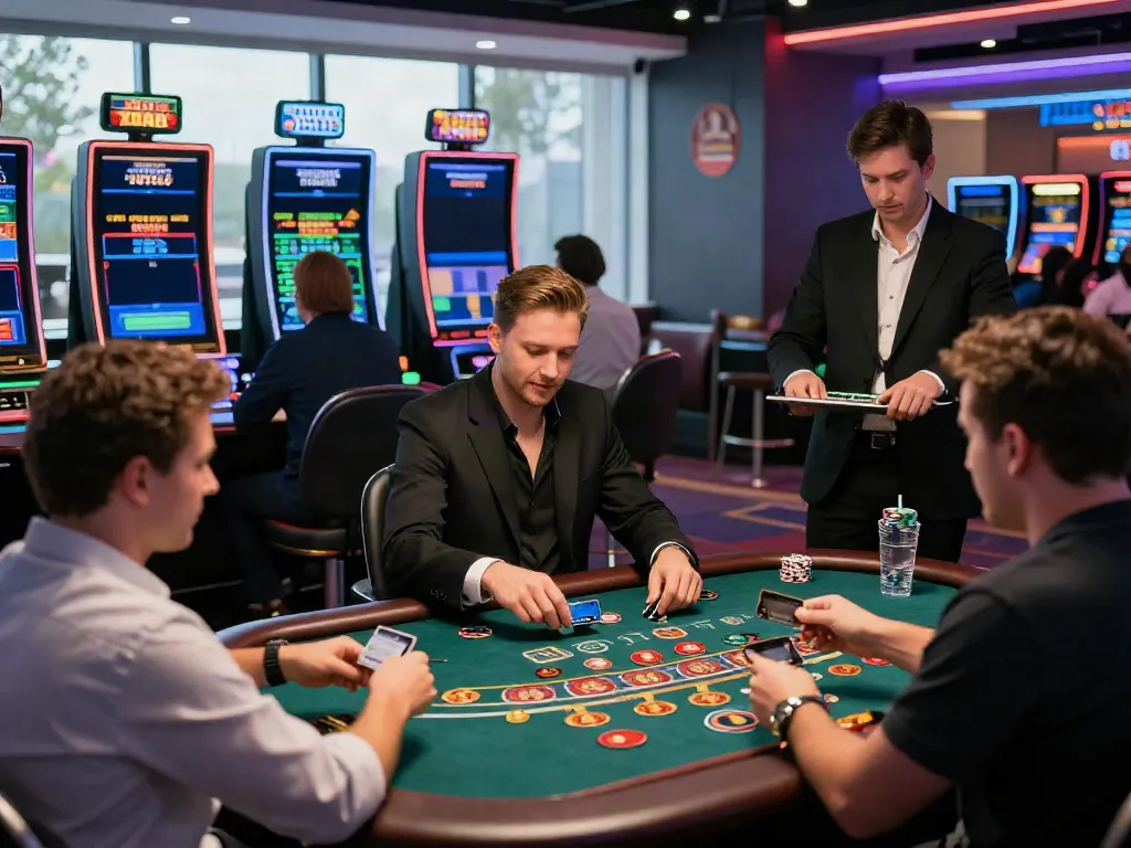 Exciting atmosphere in credit card casinos with players engaging at tables and kiosks in 2026.