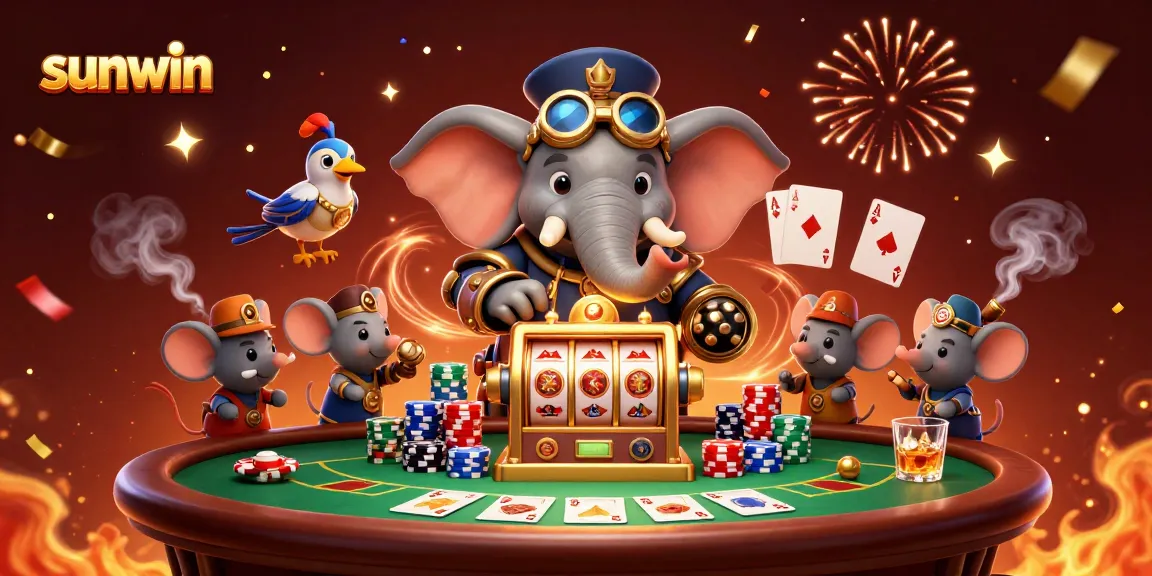 Experience exciting gameplay with sunwin as a steampunk elephant wins big on a golden slot machine.