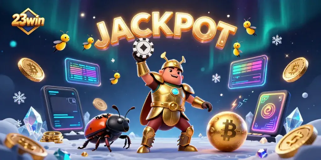 Play and win big with 23win as the heroic beetle celebrates in a vibrant casino environment.