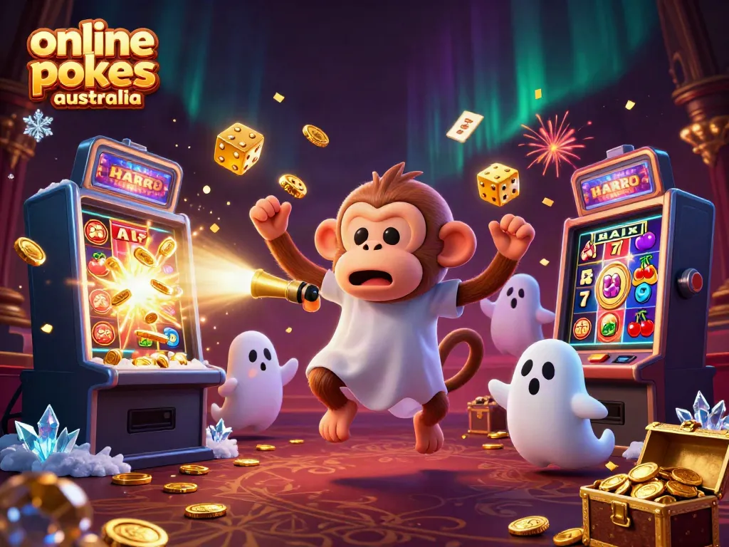 Experience the thrill with online pokies australia as animated characters celebrate winnings in a dazzling casino.