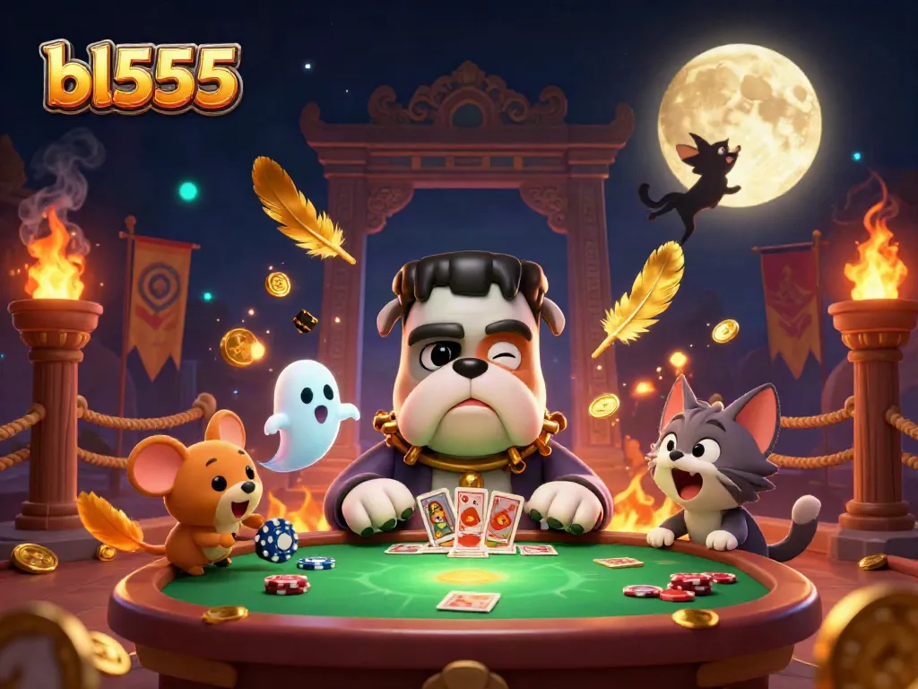 Bl555 bringing excitement to online gambling with a spooky casino scene featuring unique characters and vibrant visuals.