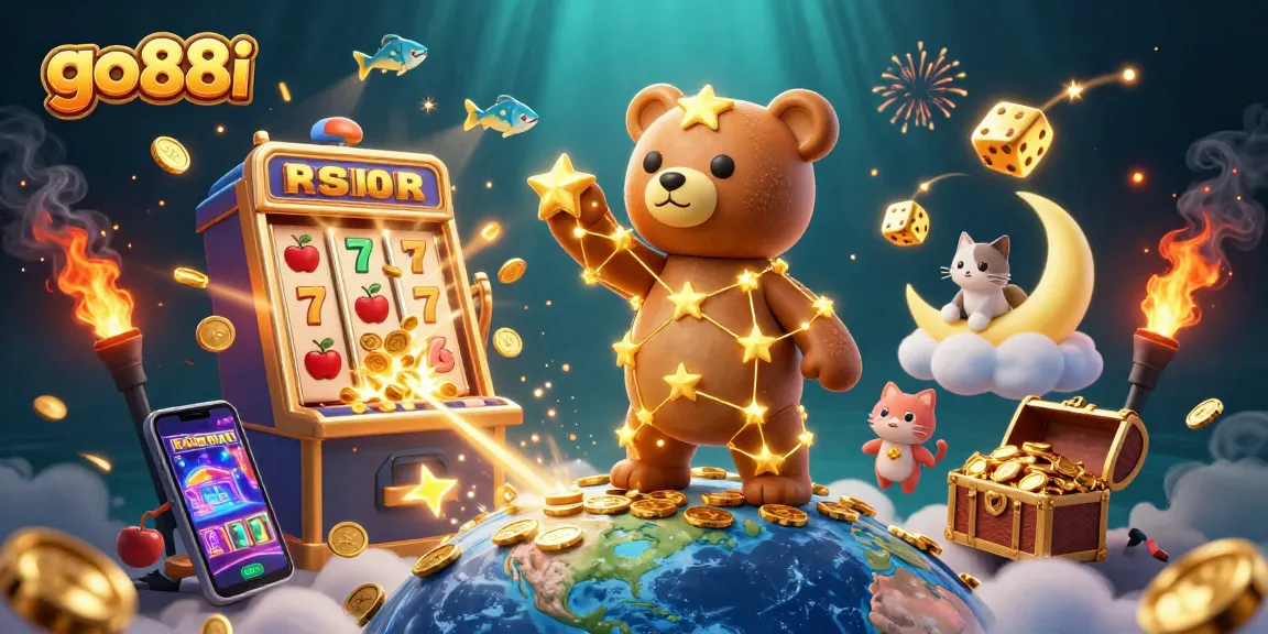 Experience exciting wins with go88i's dynamic casino scene featuring jackpot slots and playful characters.