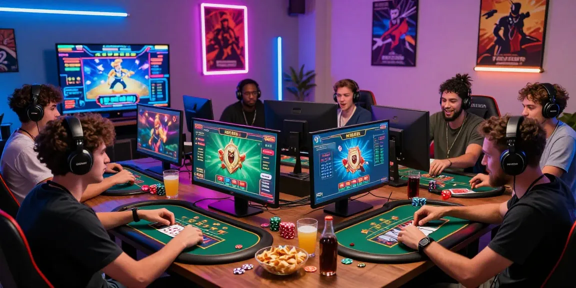 Friends enjoying online gaming at sv88m7.com, cheering for wins and strategizing with colorful gaming setups.