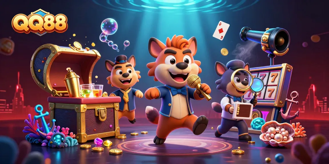 Experience QQ88’s vibrant casino scene with hyenas running a comedy club, amidst gold coins and gaming action.