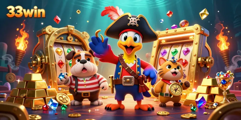 Engage with the vibrant casino world of 33win featuring a pirate captain, bulldog mate, and a cat navigator amidst treasure and game elements.