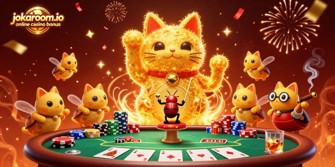 Enjoy the vibrant jokaroom.io online casino bonus scene with a lucky cat and festive poker elements.