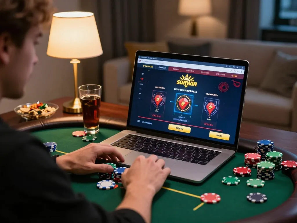 sunwin player enjoying an online poker game at home with vibrant atmosphere