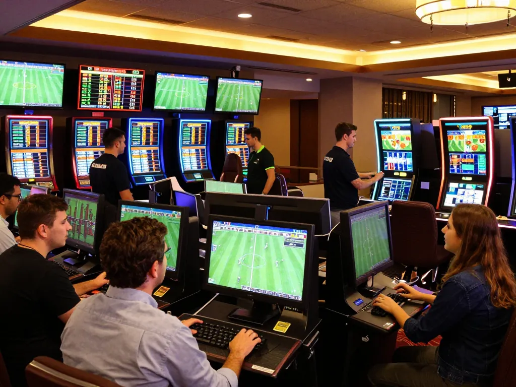 Tỷ lệ bóng đá nhà cái displayed on multiple screens as excited fans place their bets in a buzzing casino.