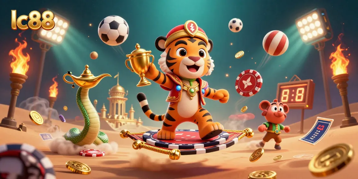 Experience the excitement of lc88 with a vibrant casino-themed illustration featuring dynamic sports and gambling elements.