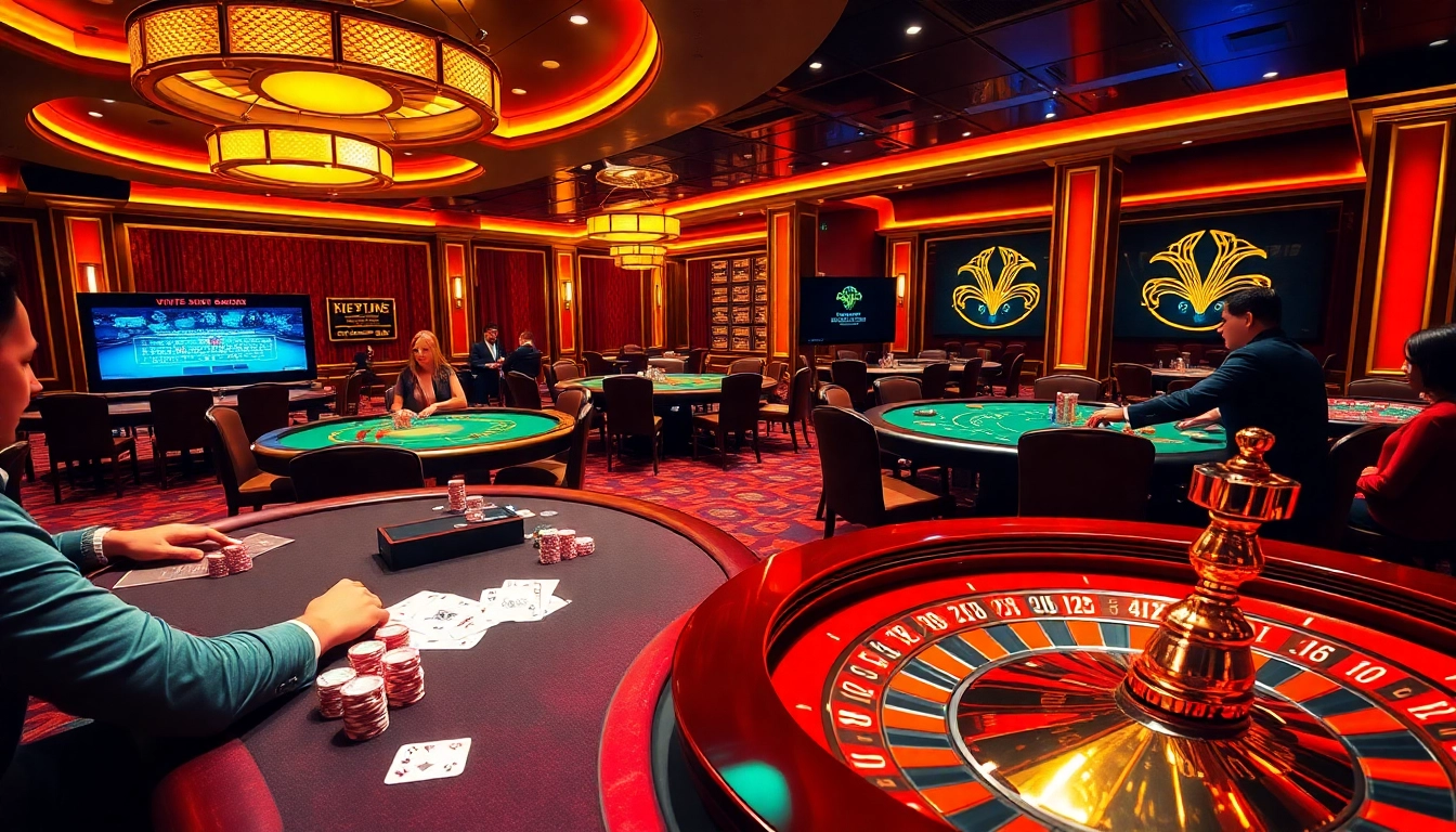 Kp88 top casino scene featuring players at poker tables with vibrant chips and cards.