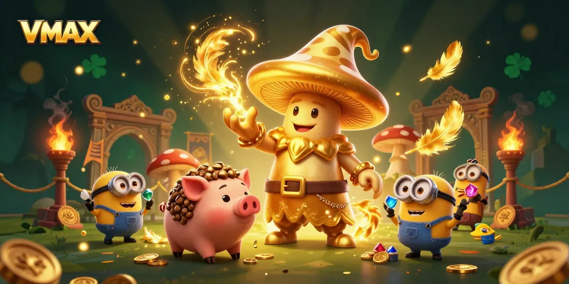 Experience vibrant VMAX gaming excitement with a magical mushroom wizard, treasure pig, and gemstones.