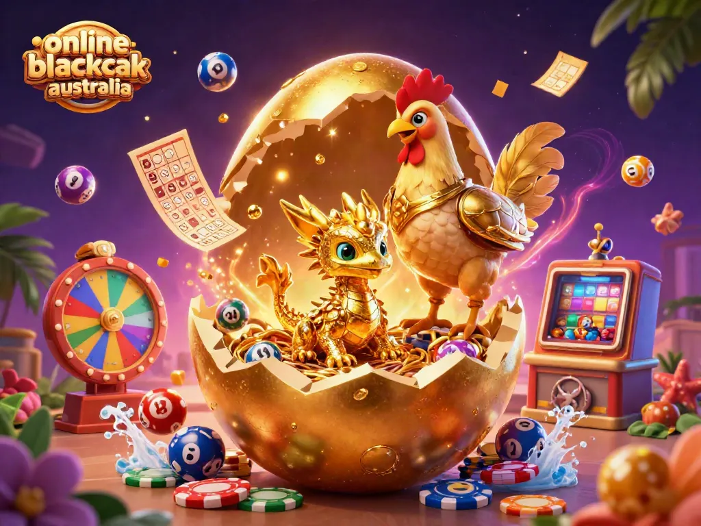 Experience online blackjack Australia with a baby dragon and gold poker chips in a vibrant casino scene.