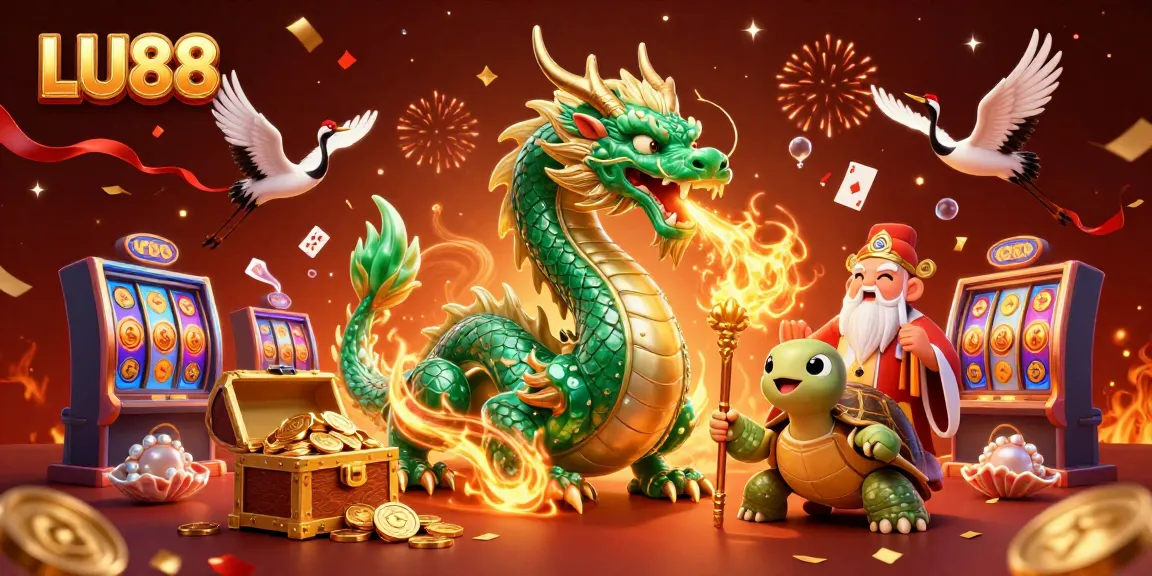 LU88 slots theme showcasing a jade dragon and turtle sage amidst vibrant casino elements.