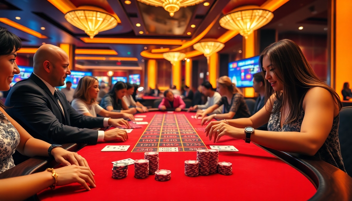 Excited players enjoying Rồng Hổ Online at a luxurious casino table while placing bets.