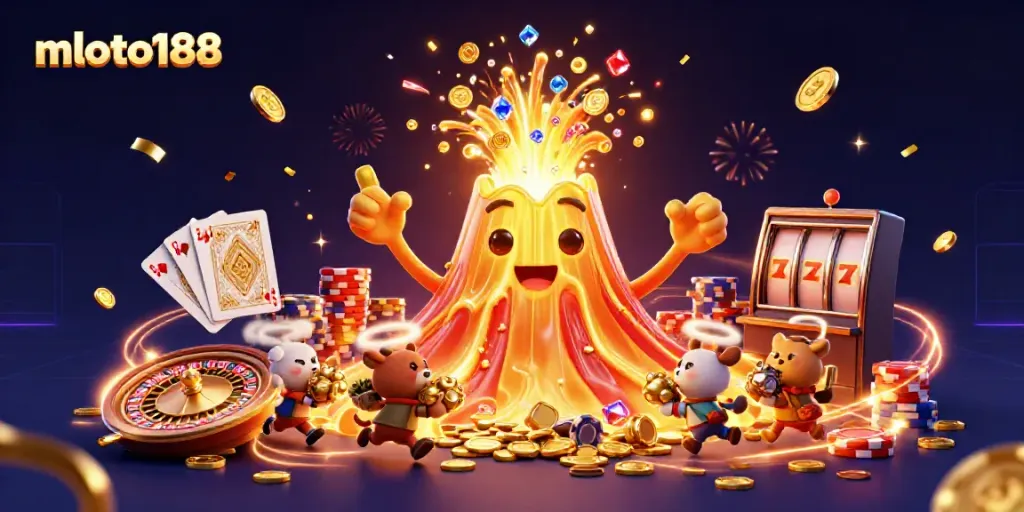 Experience the thrill of winning with mloto188's vibrant casino adventure featuring treasure-filled volcano.