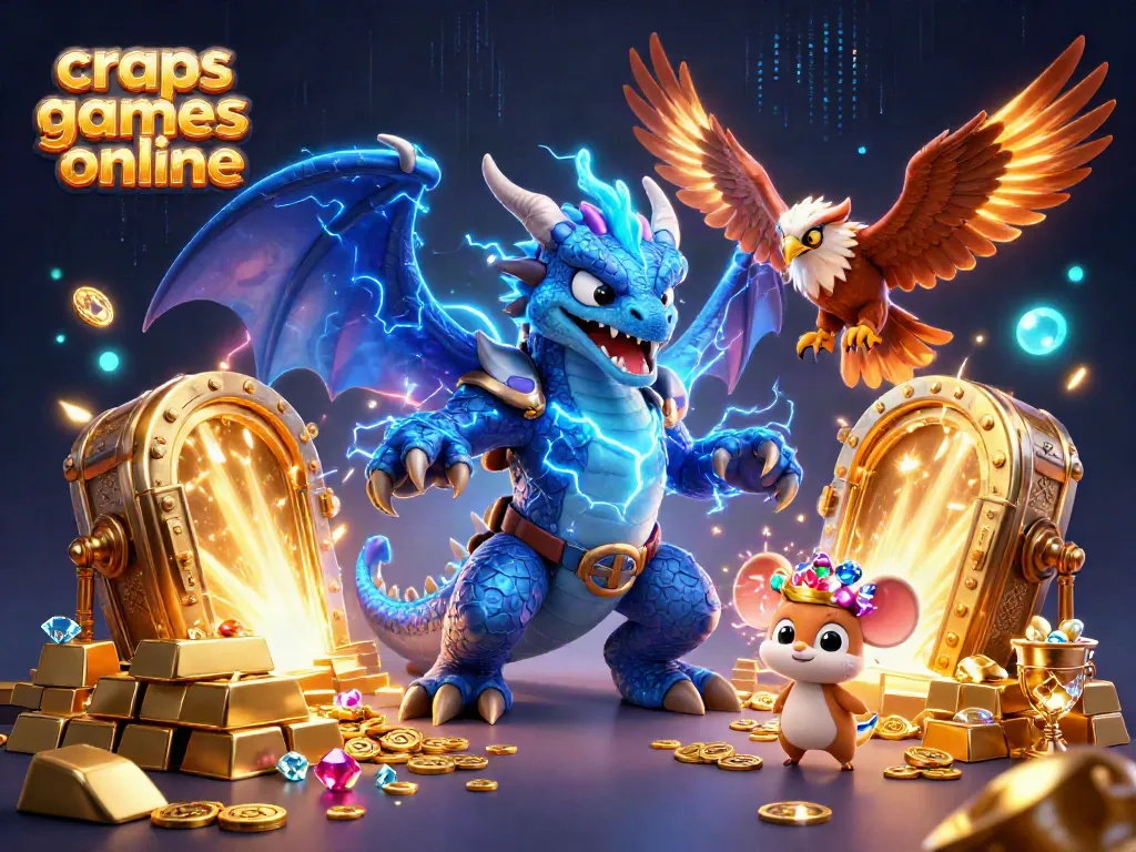 Engage in craps games online with thrilling visuals featuring a dragon and glowing casino elements.