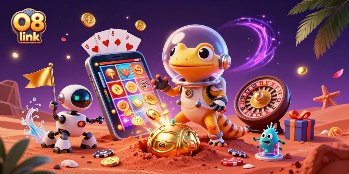 Engage with O8 link as a Martian gecko uncovers a buried golden casino amidst vibrant gaming elements.