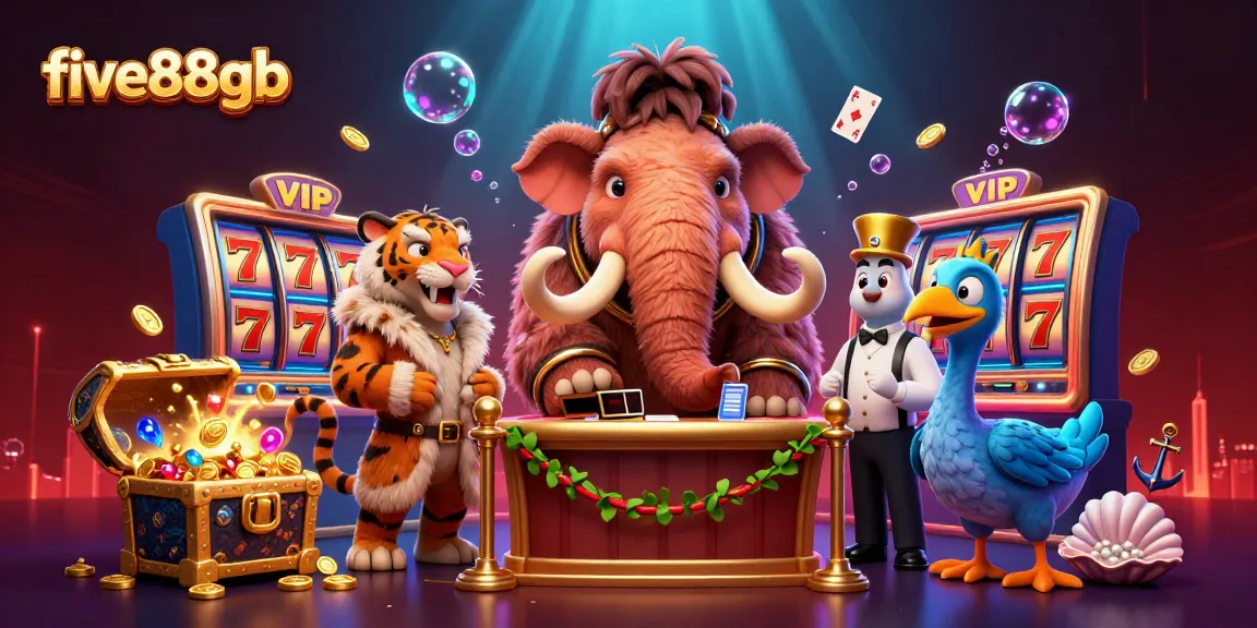 Experience excitement with five88gb's vibrant 3D casino scene, showcasing a woolly mammoth bouncer and a saber-tooth tiger VIP.