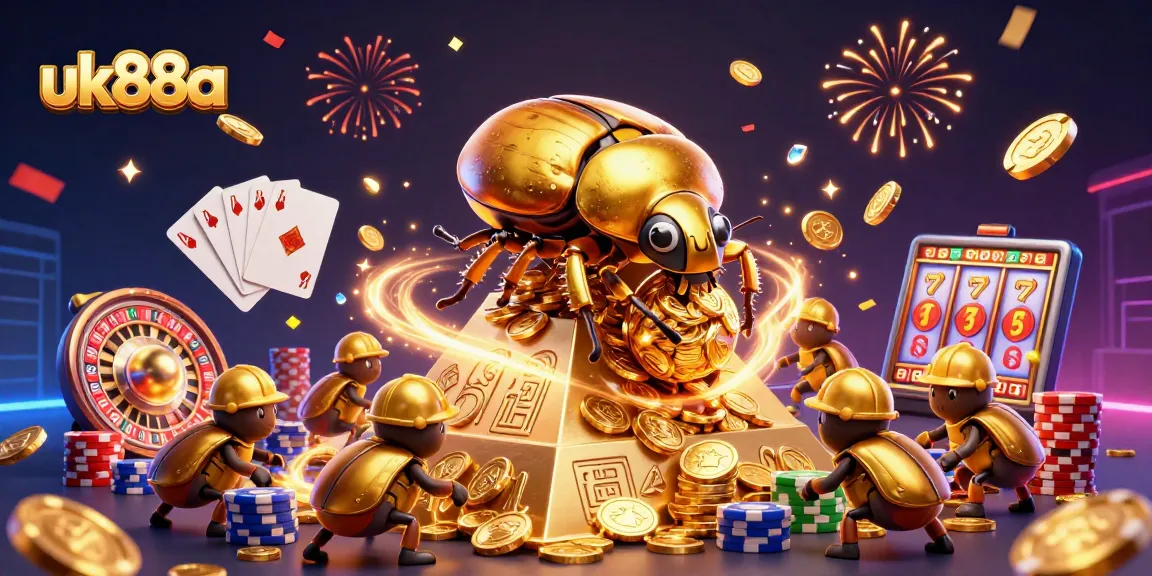 Experience thrilling excitement with uk88a, where a golden dung beetle rolls coins surrounded by casino symbols.