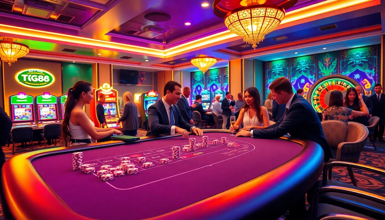 Players enjoying a thrilling game at the TG88 casino table with vibrant poker chips and professional dealers.