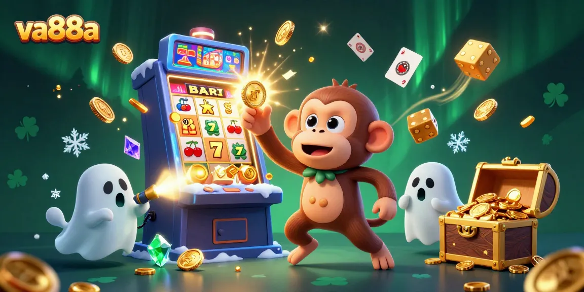 Engaging illustration of va88a's lively casino atmosphere featuring a playful phantom monkey and a curious puppy exploring
