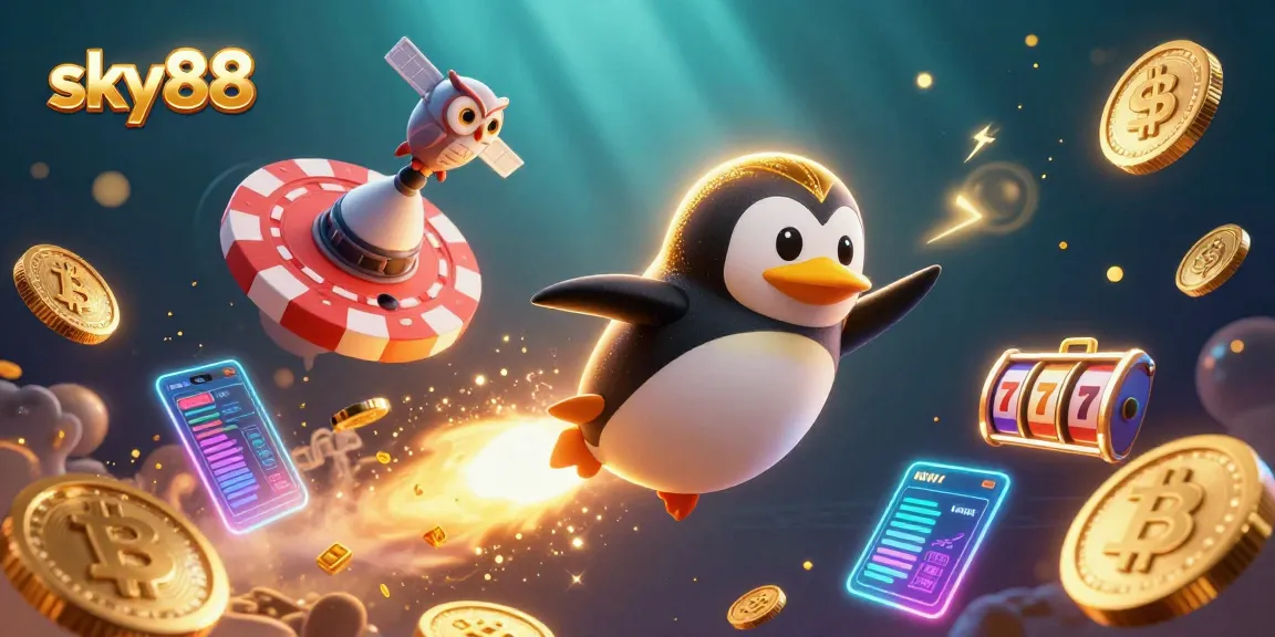 Engage with the vibrant sky88 universe, where a golden penguin navigates a casino space station amidst crypto elements.