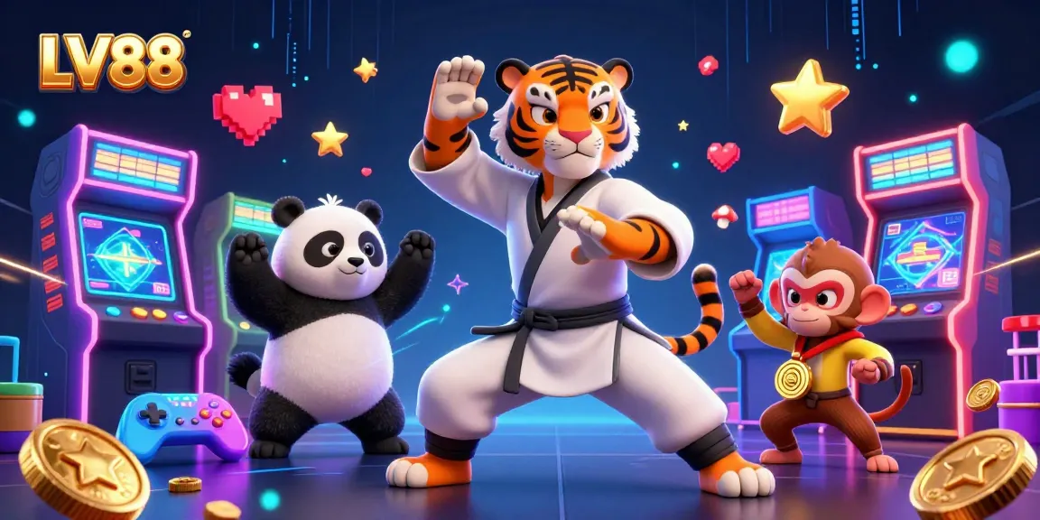 Engage with thrilling LV88 gaming action featuring a kung fu tiger master and vibrant arcade elements.
