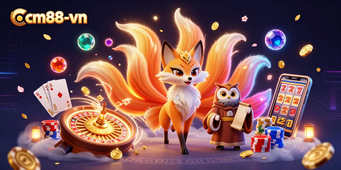 Experience the vibrant world of cm88-vn with a glowing nine-tailed fox, wise owl, and dynamic casino elements.