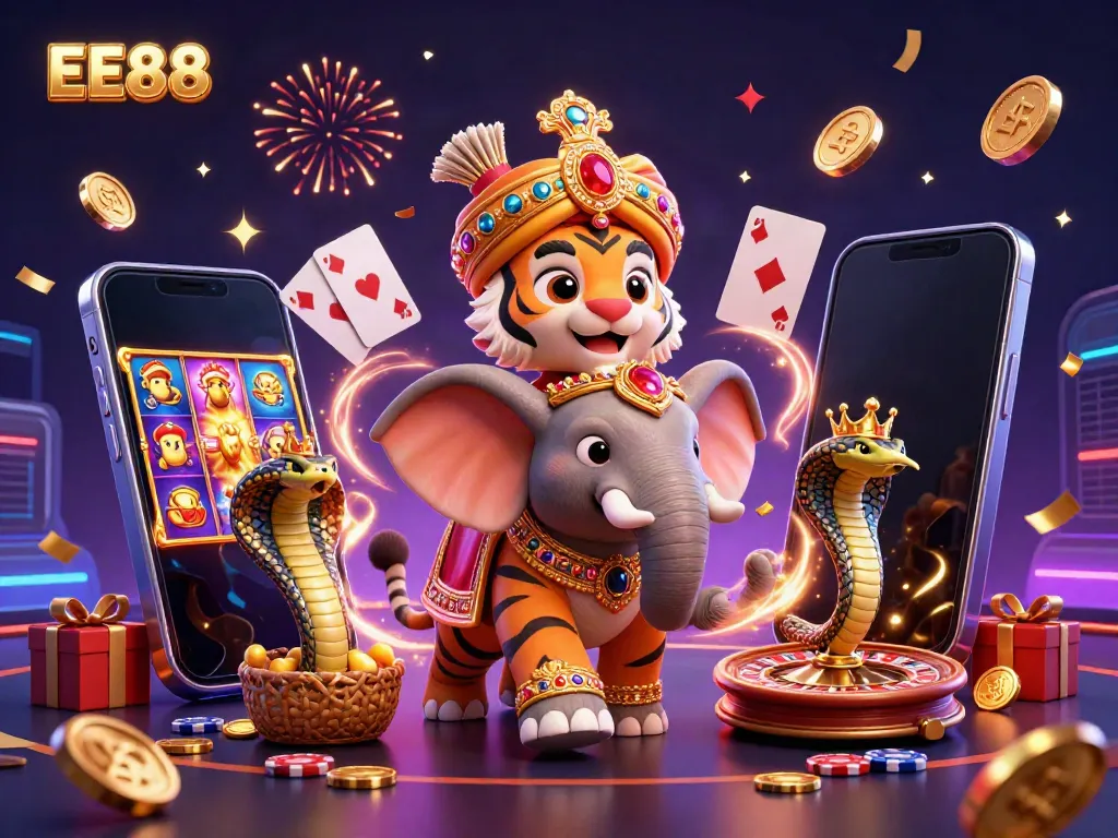 EE88 showcases a festive 3D casino scene with a maharaja tiger and an elephant amidst vibrant slot game action.