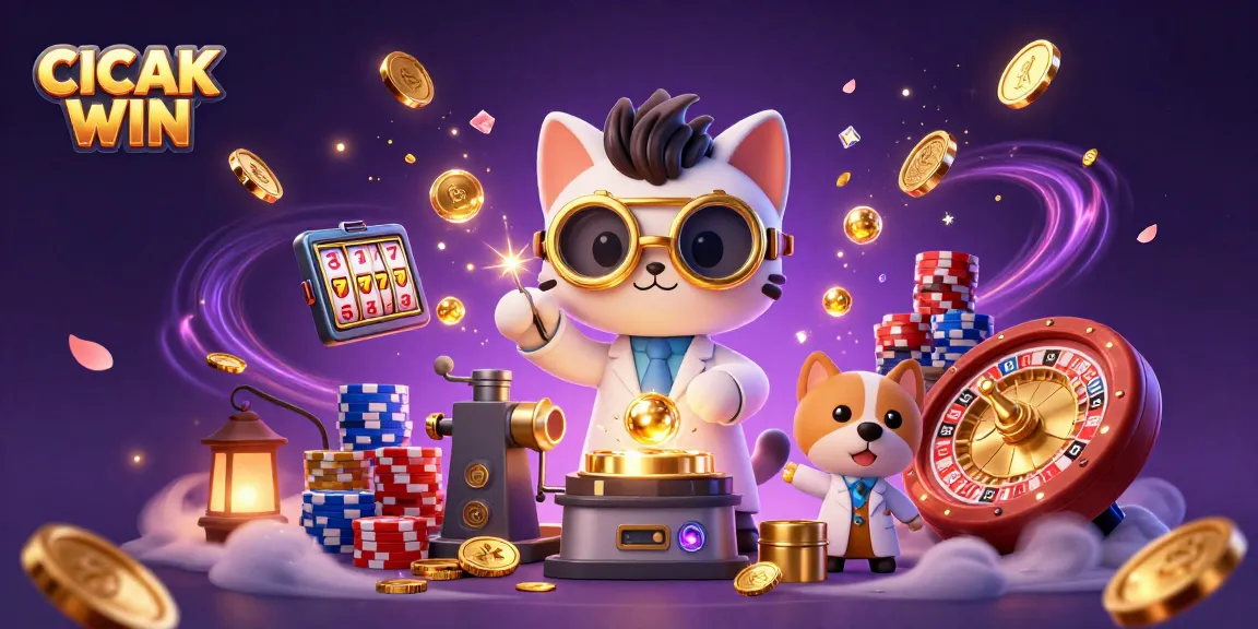 CICAK WIN features an enchanting 3D scene filled with cascading coins, vibrant poker chips, and sparkling gems, showcasing the thrill of gaming.
