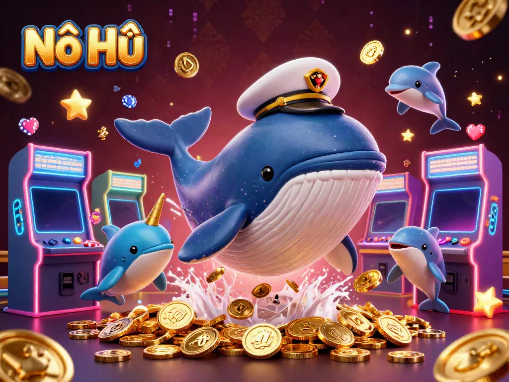 Nổ Hũ whale breaching through coins with narwhal and dolphins, vibrant gaming scene