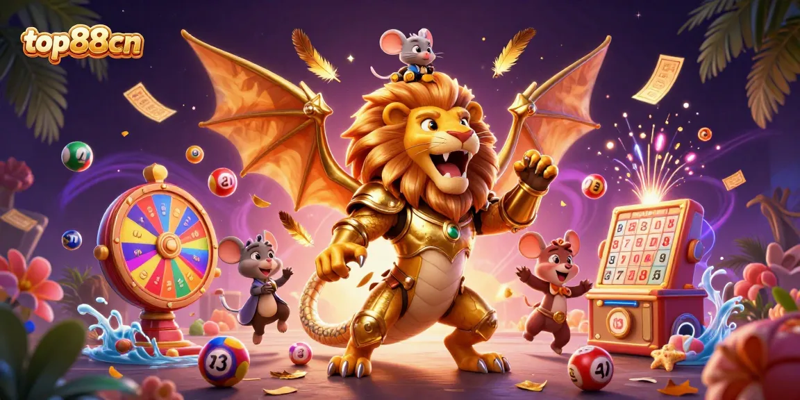Experience exhilarating gameplay at top88cn with animated lottery balls, a roaring chimera, and engaging casino elements.